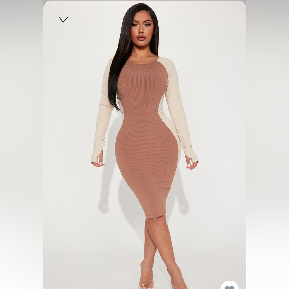 Fashion Nova - Amaya Snatched Long Sleeve Midi Dress -
Nude/combo